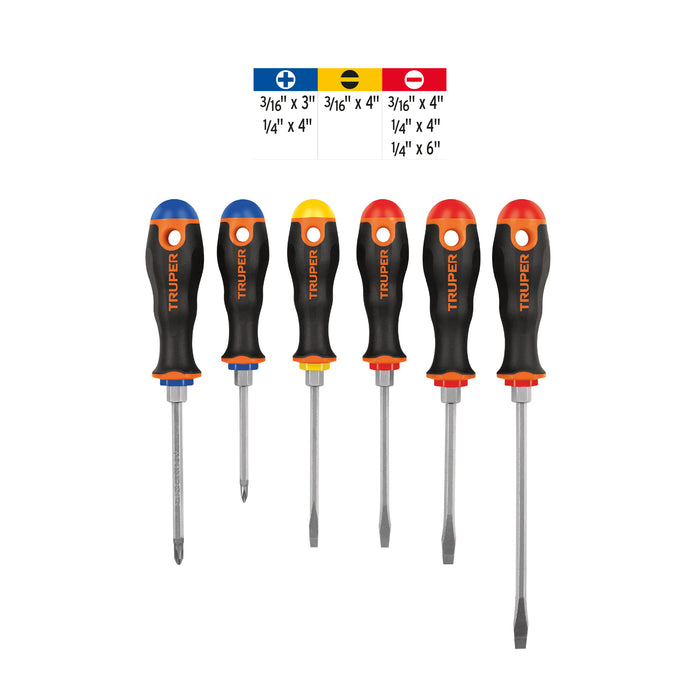Juego de 6 desarmadores mango Comfort Grip, Truper 19621 DTJ-6B