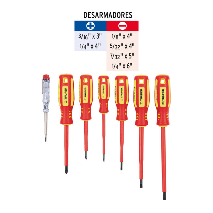 Juego 6 desarmadores dieléctricos y 1 probador de corriente 14196 DTJ-7D