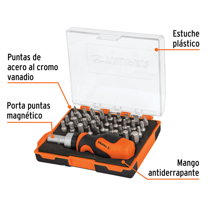 Desarmador tipo trompo con matraca y 36 puntas, Truper 17845 DTROM-37