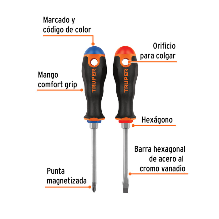 Dúo de desarmadores 1/4' x 4' mango Comfort Grip, Truper Código: 19622