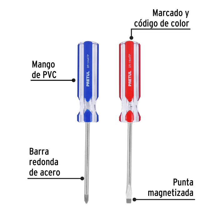 Dúo de desarmadores 1/4 x 4' mango de PVC, Pretul Código: 20210