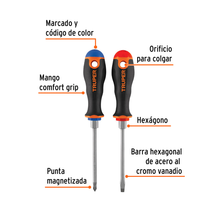 Dúo de desarmadores 3/16' x 4' mango Comfort Grip, Truper Código: 19623