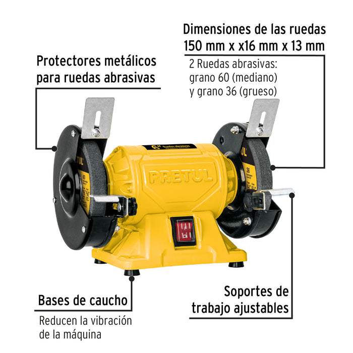 Esmeril de banco de 6' de 1/2 HP (370 W), Truper 12785 EBA-6