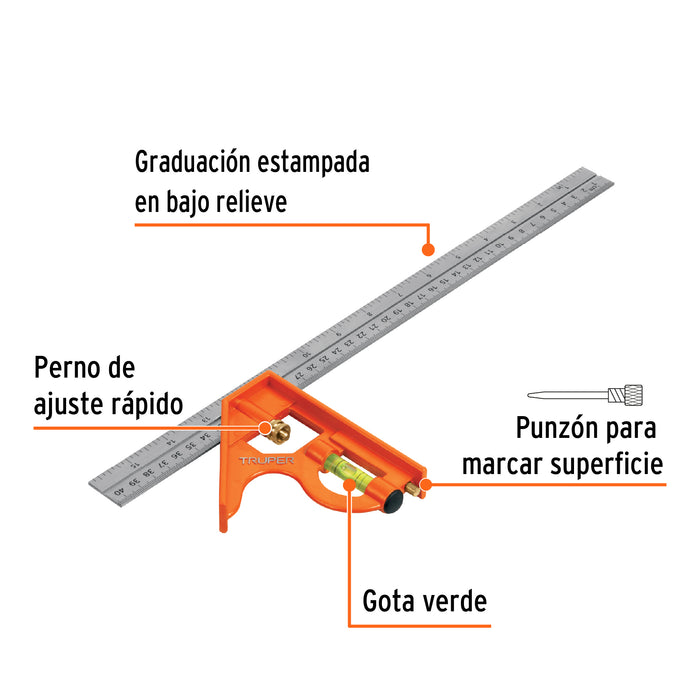 Escuadra 16' de combinación con punzón para marcar, Truper 14381 ECT-16