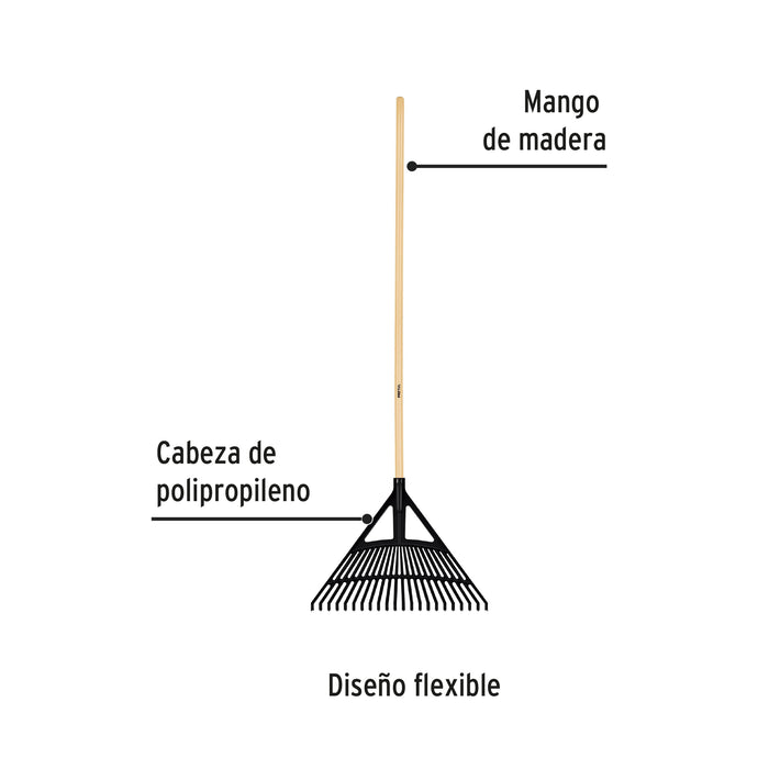 Escoba plástica p/jardín, flex. 22 dientes, mango 48',Pretul 21430 EP-22P