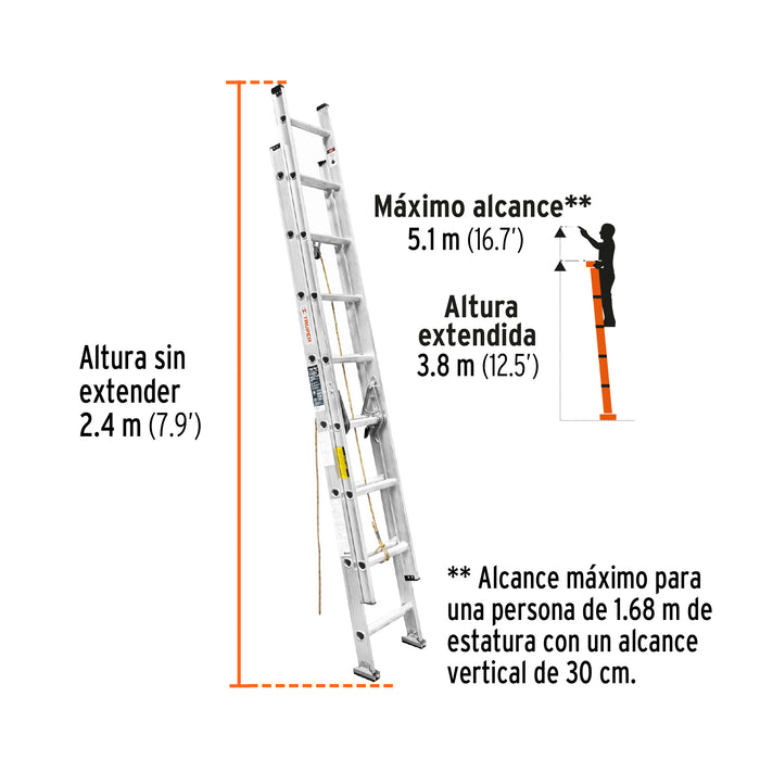 Escalera de extensión, tipo III, 16 peldaños, Truper 16026 ESE-16