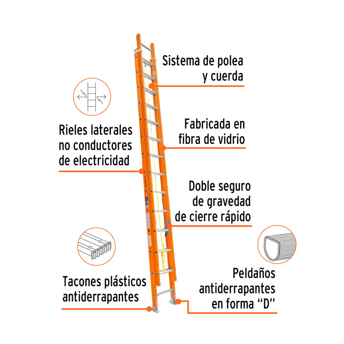 Escalera de extensión, tipo II, 20 peldaños, fibra de vidrio 100228 ESE-220FV
