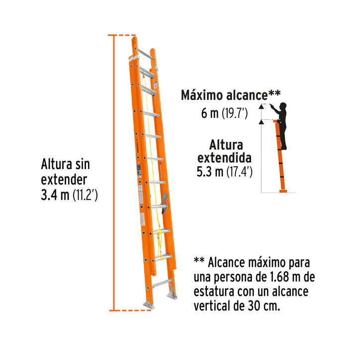 Escalera de extensión, tipo II, 20 peldaños, fibra de vidrio 100228 ESE-220FV