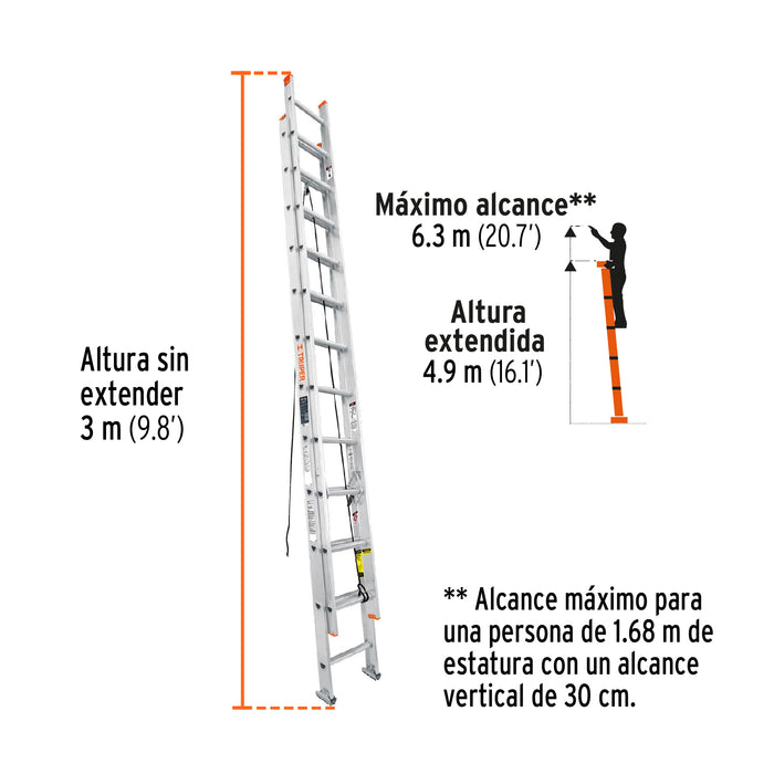 Escalera de extensión, tipo II, 20 peldaños, Truper 16758 ESE-220