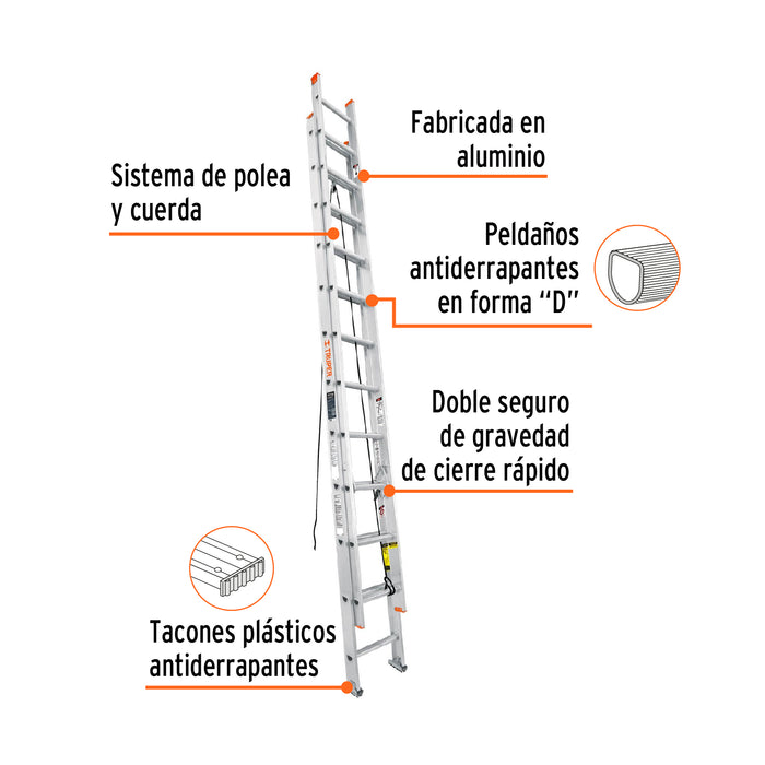 Escalera de extensión, tipo II, 20 peldaños, Truper 16758 ESE-220
