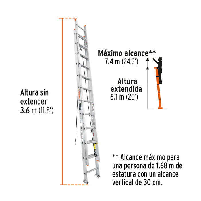 Escalera de extensión, tipo II, 24 peldaños, Truper 16759 ESE-224