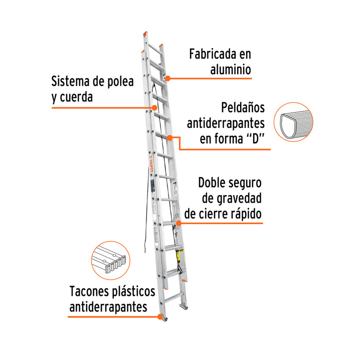 Escalera de extensión, tipo II, 24 peldaños, Truper 16759 ESE-224