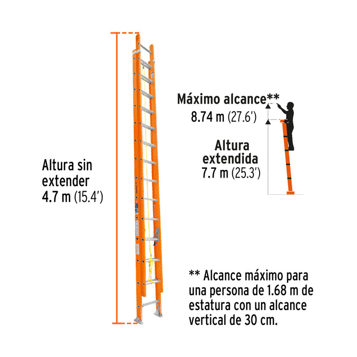 Escalera de extensión, tipo II, 28 peldaños, fibra de vidrio 100229 ESE-228FV