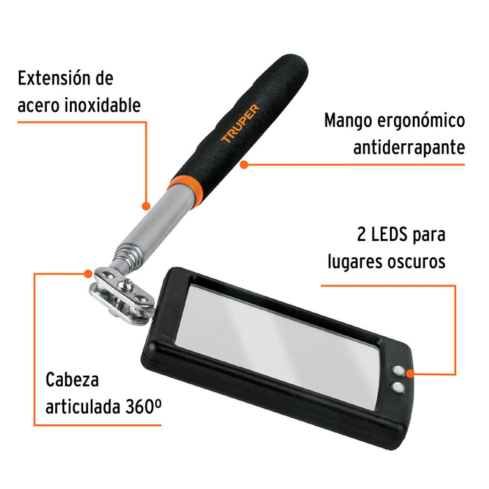 Espejo telescópico con luz LED, 5 x 8 cm, Truper 101962 ESP-TELR