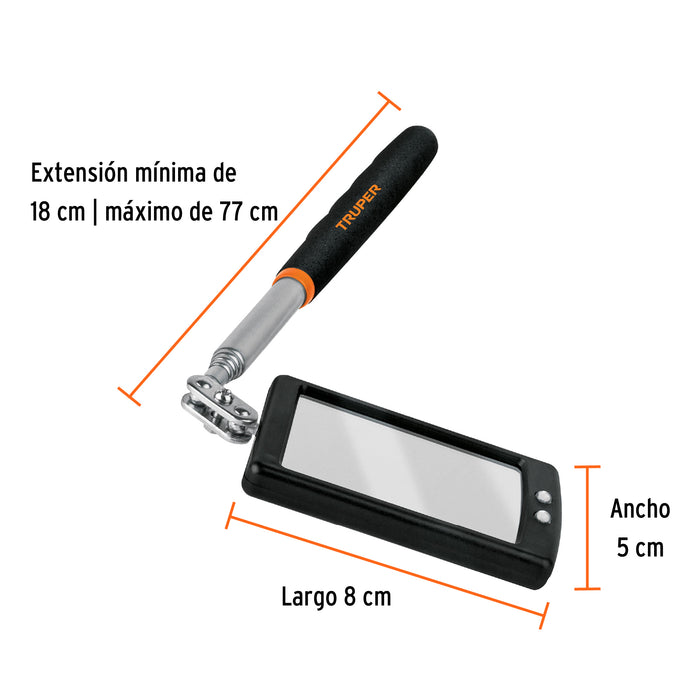 Espejo telescópico con luz LED, 5 x 8 cm, Truper 101962 ESP-TELR