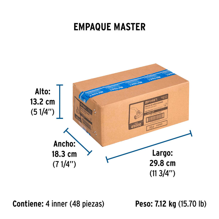 Válvula de esfera de latón, roscable 1/2', Foset 49000