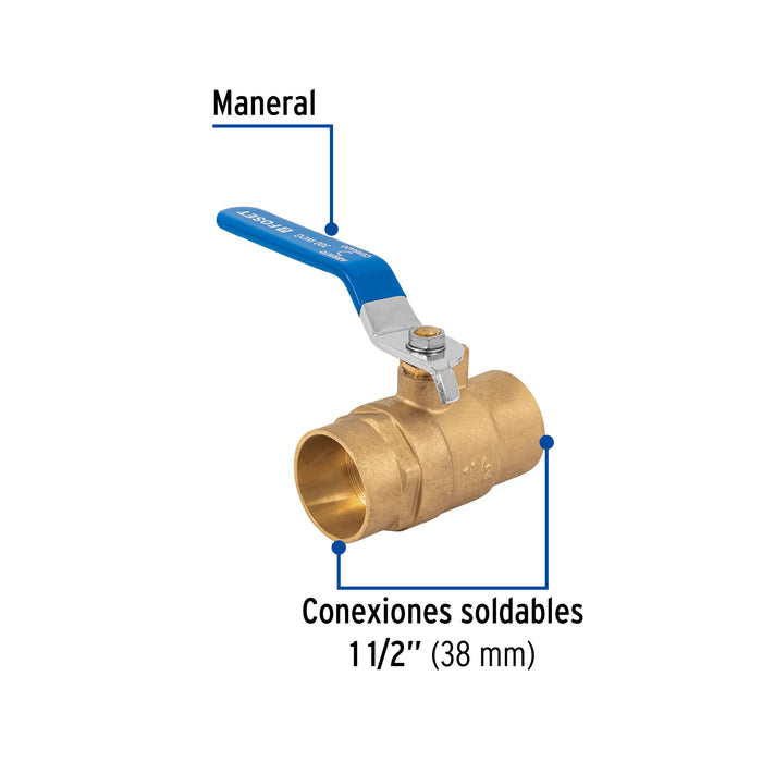 Válvula de esfera de latón, soldable 1-1/2', Foset 49010