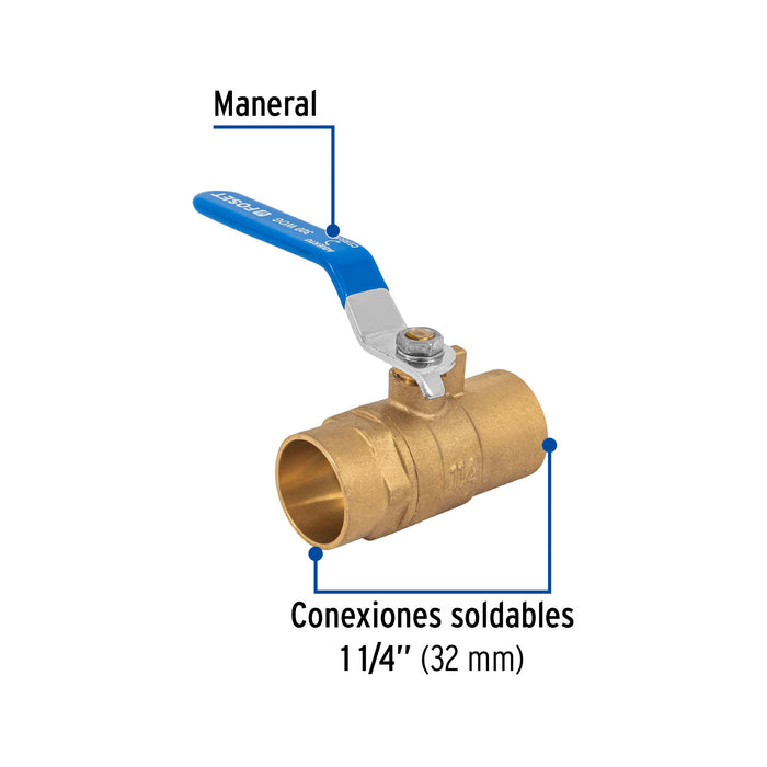 Válvula de esfera de latón, soldable 1-1/4', Foset 49009