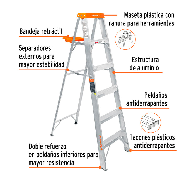 Escalera de tijera tipo ll 5 peldaños y bandeja, Truper 10335 EST-25