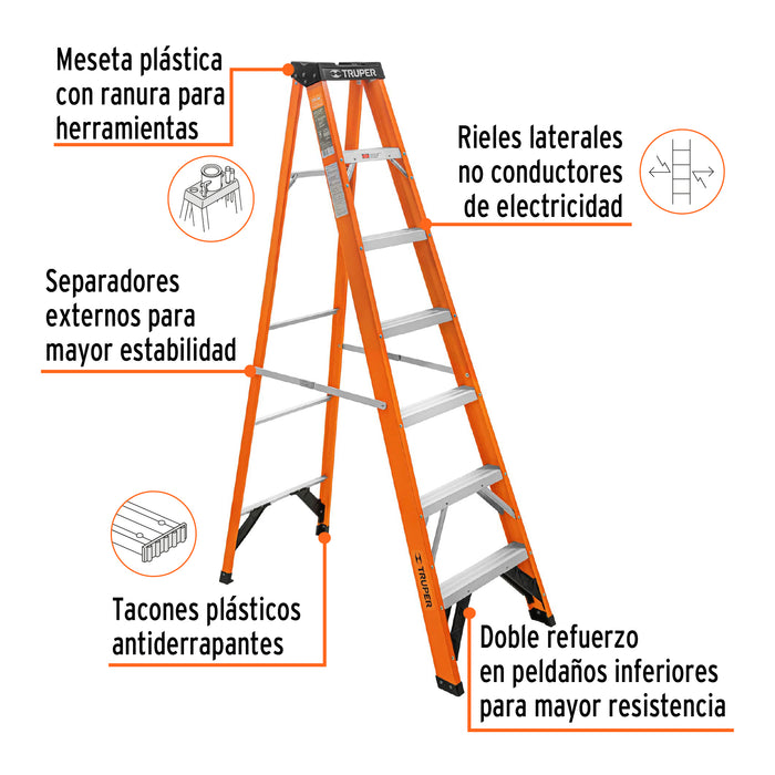 Escalera de tijera, tipo ll, 6 peldaños, fibra de vidrio 100226 EST-26FV
