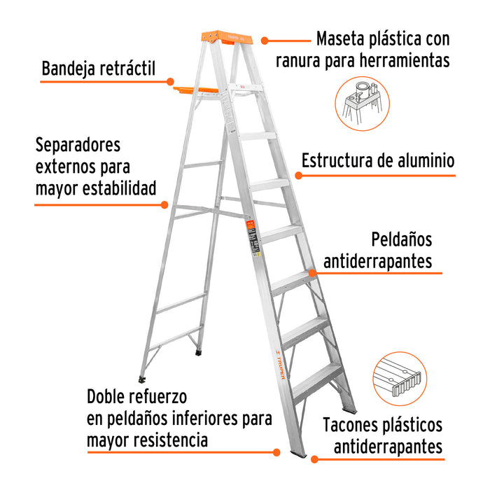 Escalera de tijera tipo II 7 peldaños y bandeja, Truper 10337 EST-27