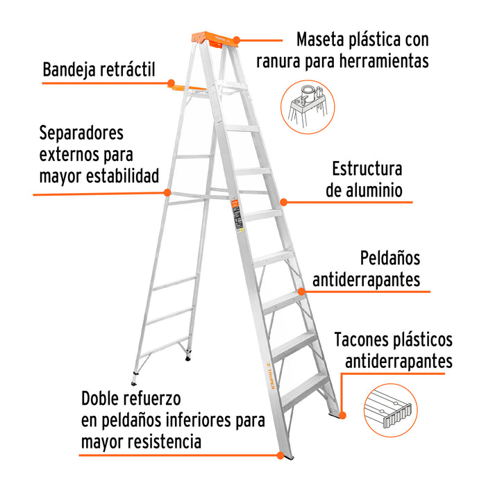 Escalera de tijera tipo ll 8 peldaños y bandeja, Truper 10338 EST-28