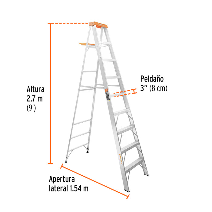 Escalera de tijera tipo ll 8 peldaños y bandeja, Truper 10338 EST-28
