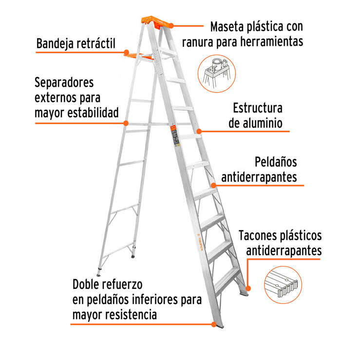 Escalera de tijera tipo II 9 peldaños y bandeja, Truper 10436 EST-29