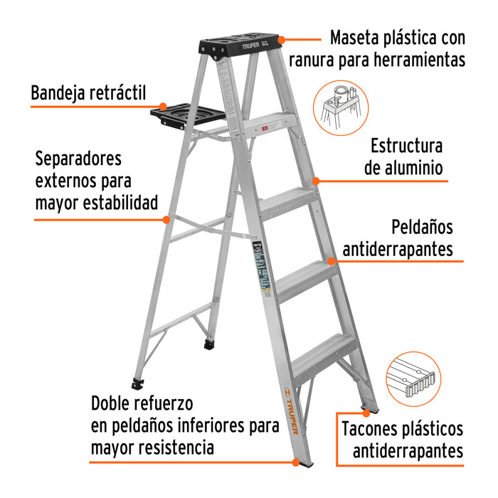 Escalera de tijera tipo III 6 escalones y bandeja, Truper 10437 EST-36