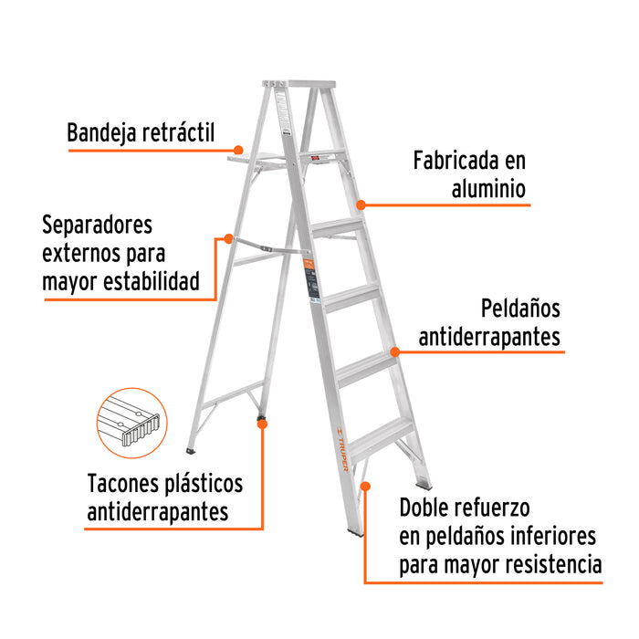 Escalera de tijera 100% aluminio tipo ll 5 peldaños, Truper 10450 ESTA-25