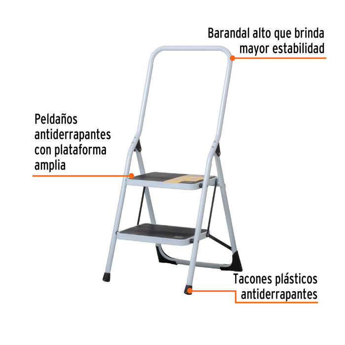 Escalera tubular, plegable, 2 peldaños con barandal, Pretul 24119 ESTU-2PB