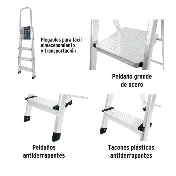 Escalera tubular plegable, 4 peldaños, aluminio, Truper 16765 ESTU-4A