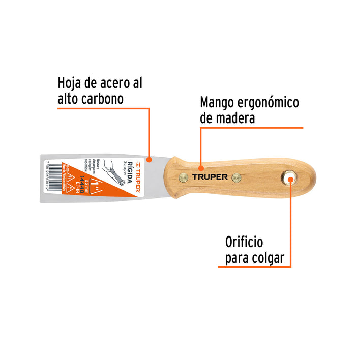 Espátula rígida 1' con mango de madera, Truper 14440 ET-1R