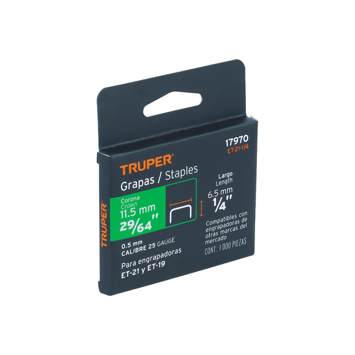 Caja con 1000 grapas 1/4' corona 11.3 mm para ET-21, Truper Código: 17970