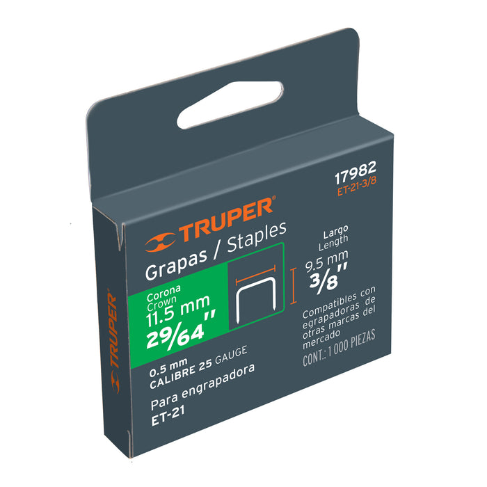 Caja con 1000 grapas 3/8'corona 11.3 mm para ET-21, Truper Código: 17982