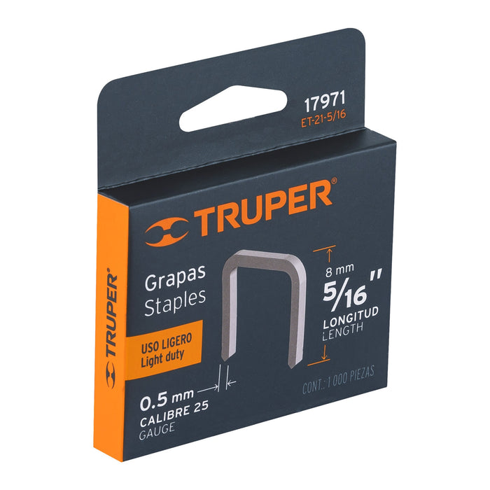 Caja con 1000 grapas 5/16'corona 11.3 mm para ET-21, Truper Código: 17971