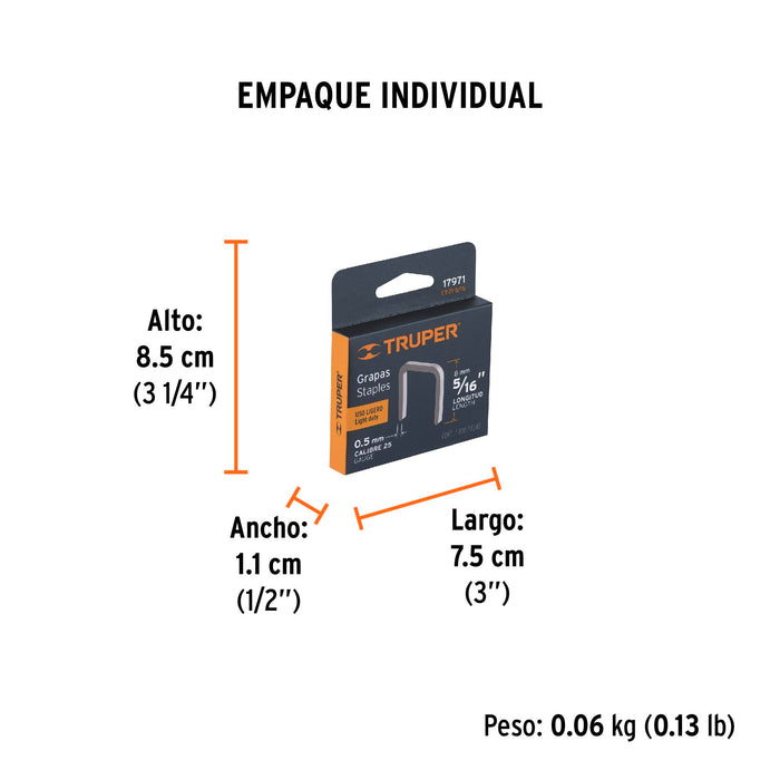 Caja con 1000 grapas 5/16'corona 11.3 mm para ET-21, Truper Código: 17971