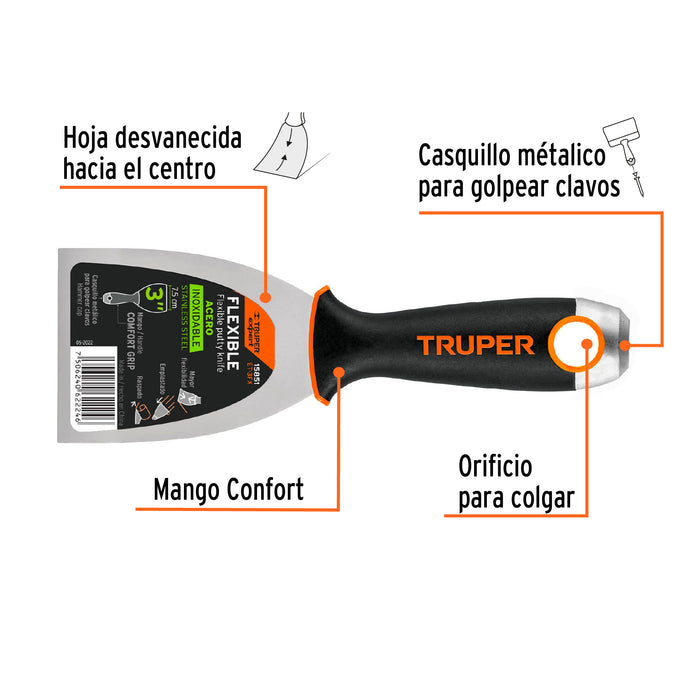Espátula flexible 3' con mango de madera, Truper 14449 ET-3F