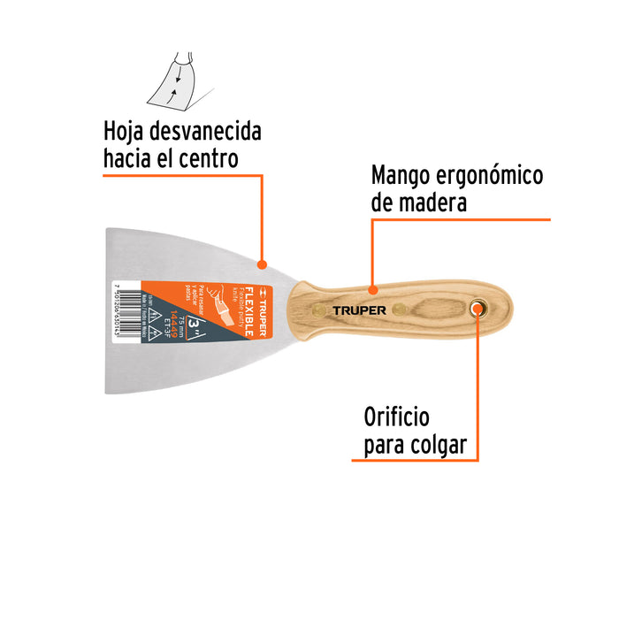 Espátula flexible 3' con mango de madera, Truper 14449 ET-3F