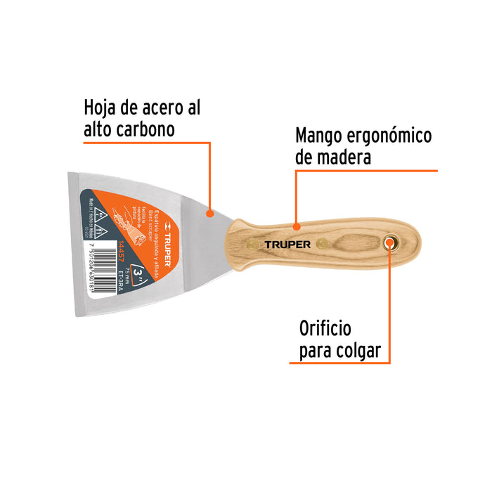 Espátula afilada y angulada 3' con mango de madera, Truper 14457 ET-3RA