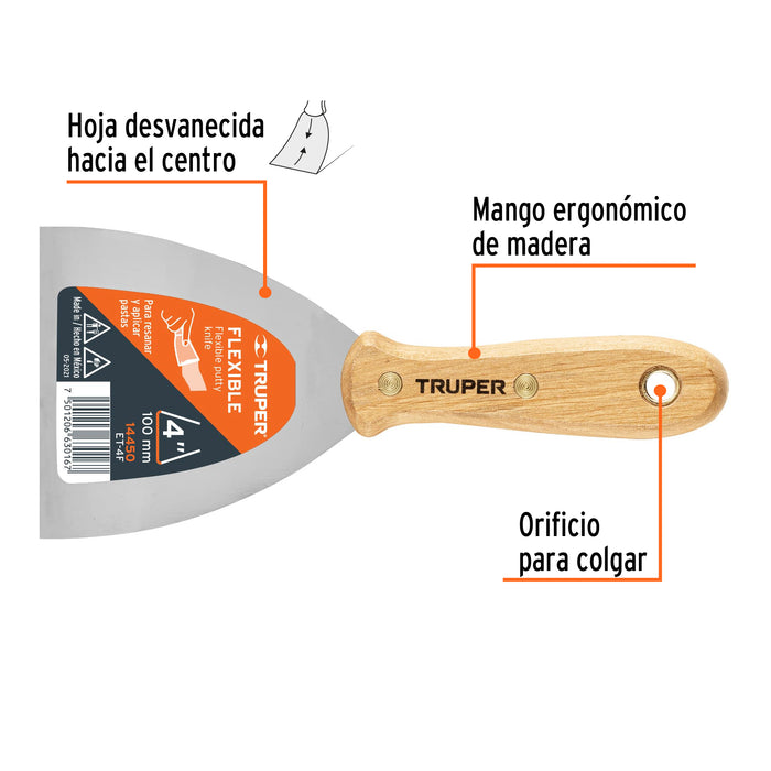 Espátula flexible 4' con mango de madera, Truper 14450 ET-4F