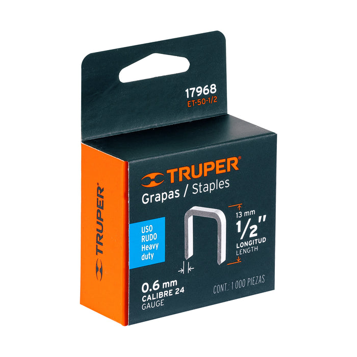 Caja con 1000 grapas 1/2' corona 10.7 mm para ET-50, Truper Código: 17968