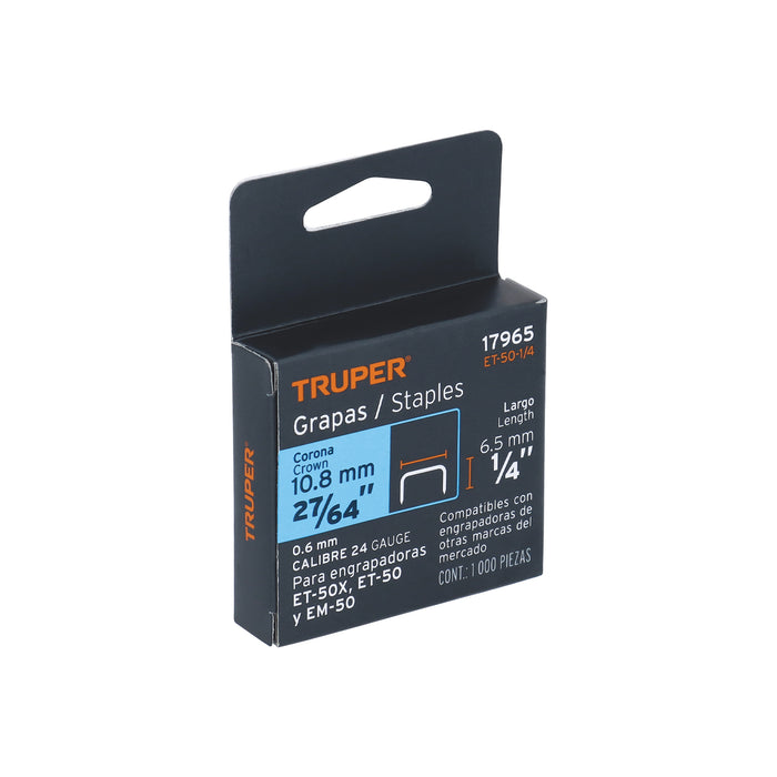 Caja con 1000 grapas 1/4' corona 10.7 mm para ET-50, Truper Código: 17965