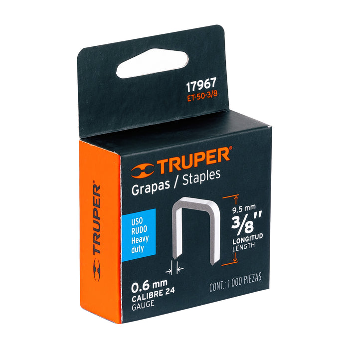 Caja con 1000 grapas 3/8' corona 10.7 mm para ET-50, Truper Código: 17967