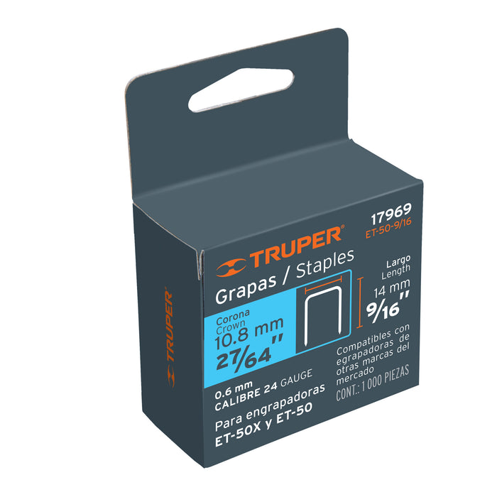 Caja con 1000 grapas 9/16' corona 10.7 mm para ET-50, Truper Código: 17969