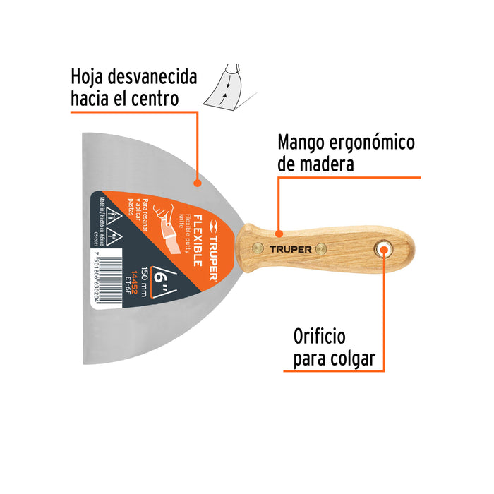 Espátula flexible 6' con mango de madera, Truper 14452 ET-6F