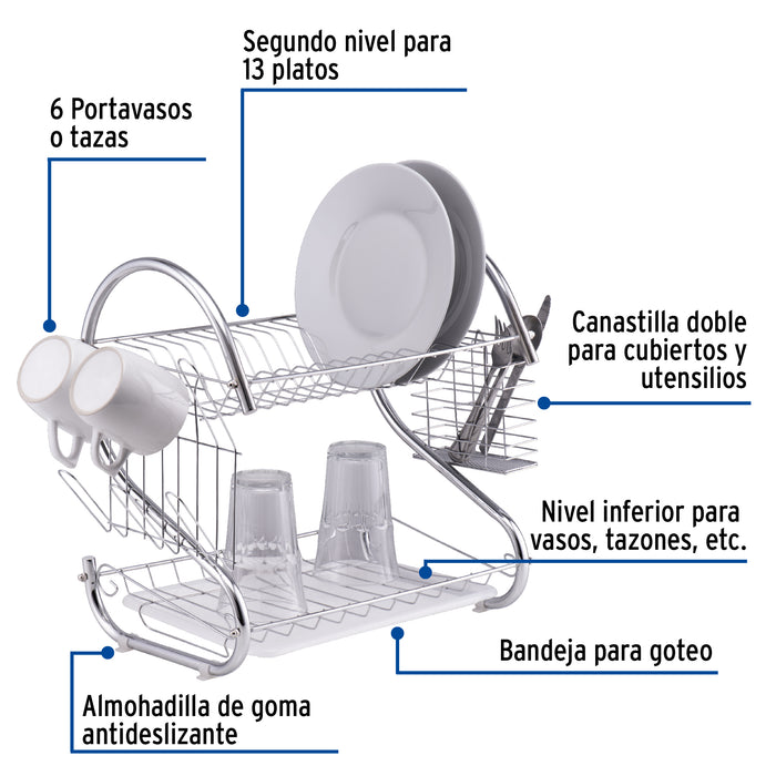 Escurridor de acero cromado con 2 niveles para trastes 47908