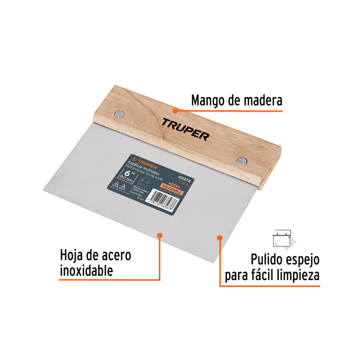 Espátula rectangular 6' x 3' acero inoxidable, mango madera 101374 ETR-6