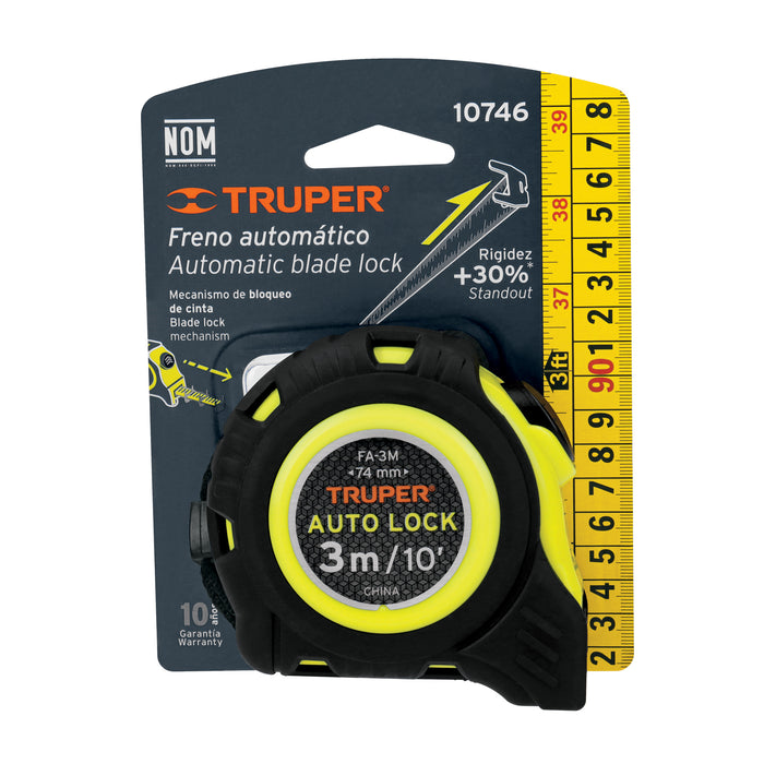 Flexómetro Auto-Lock contra impactos 3 m cinta 16 mm, Truper 10746 FA-3M