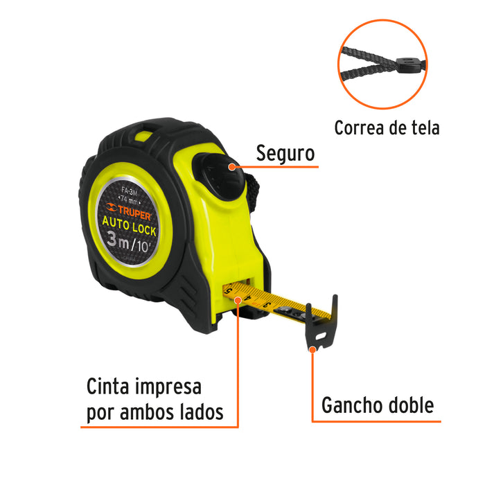 Flexómetro Auto-Lock contra impactos 3 m cinta 16 mm, Truper 10746 FA-3M